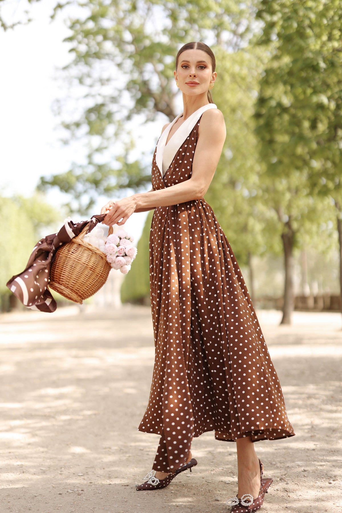 Women's Brown Polka Dot Wrap Dress – Tuxedo Style, Zipperless