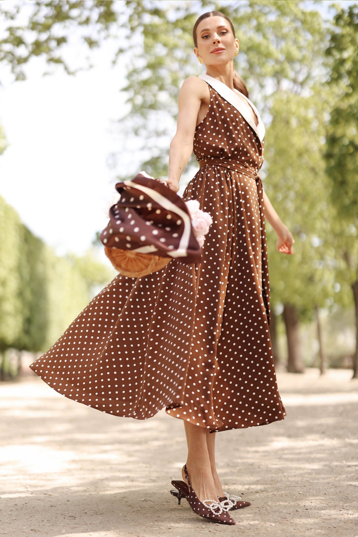 Women's Brown Polka Dot Wrap Dress – Tuxedo Style, Zipperless