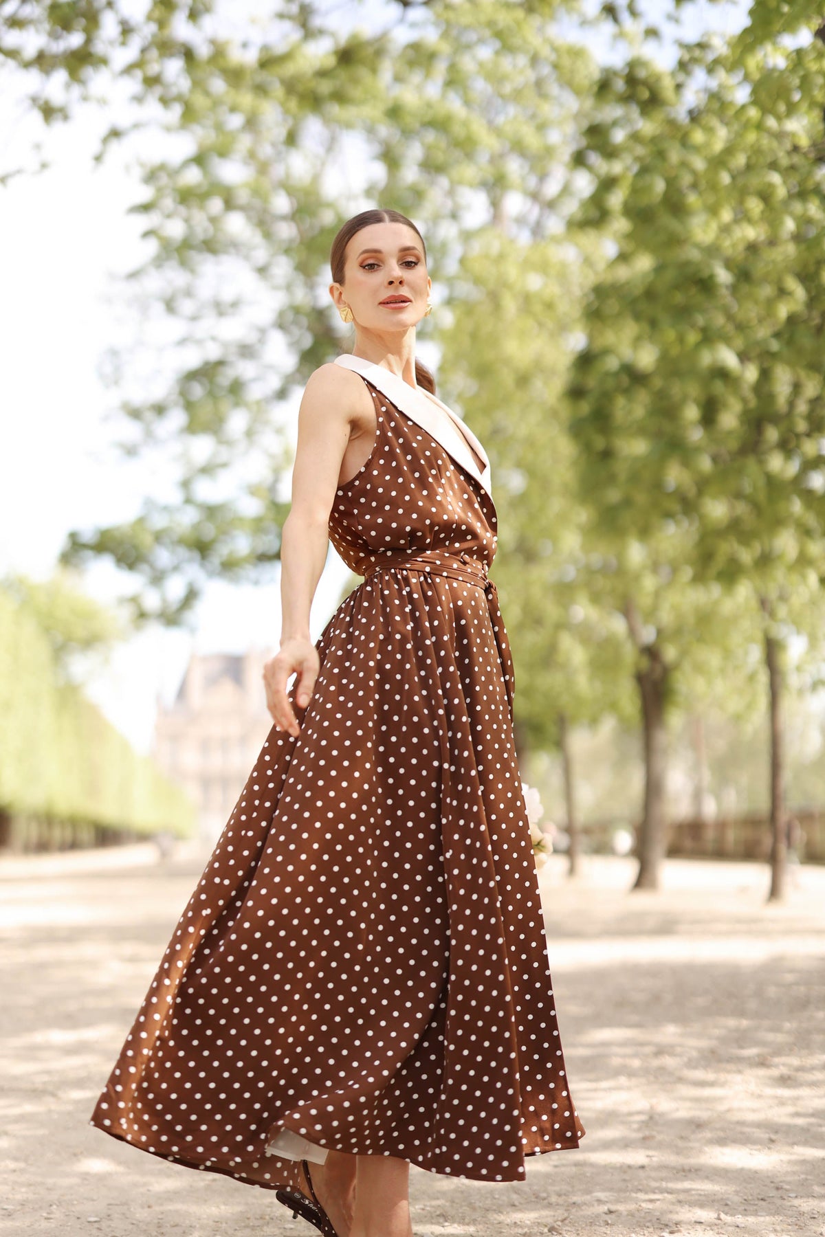 Women's Brown Polka Dot Wrap Dress – Tuxedo Style, Zipperless