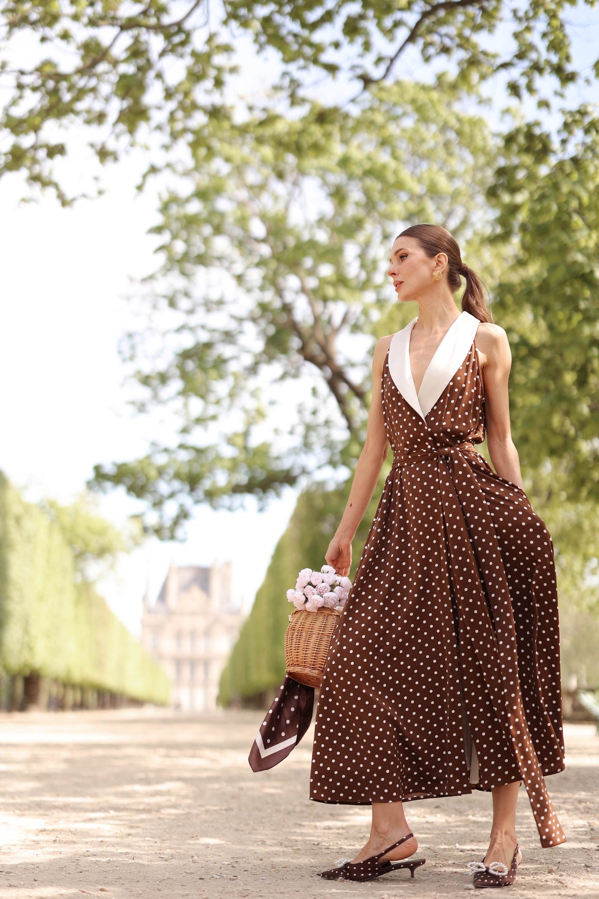 Women's Brown Polka Dot Wrap Dress – Tuxedo Style, Zipperless