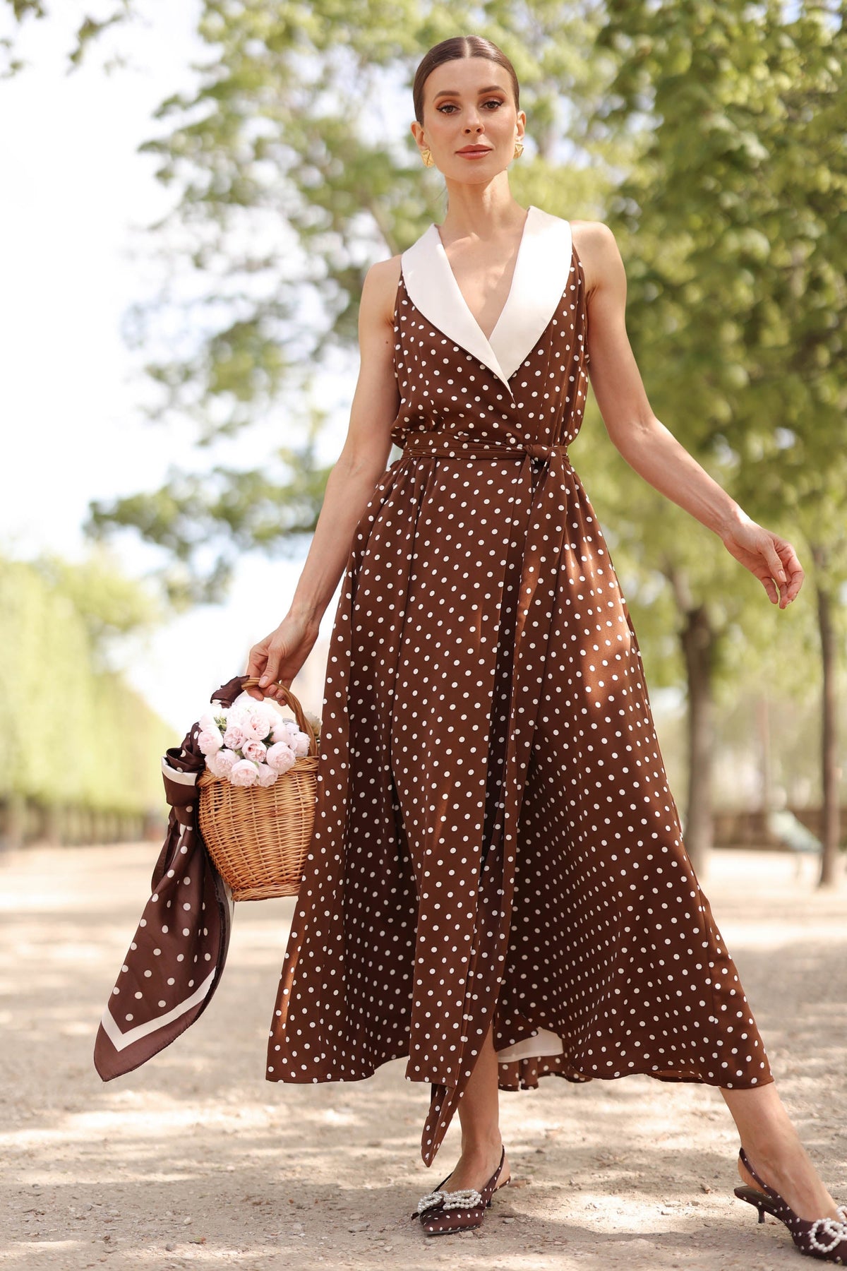 Women's Brown Polka Dot Wrap Dress – Tuxedo Style, Zipperless