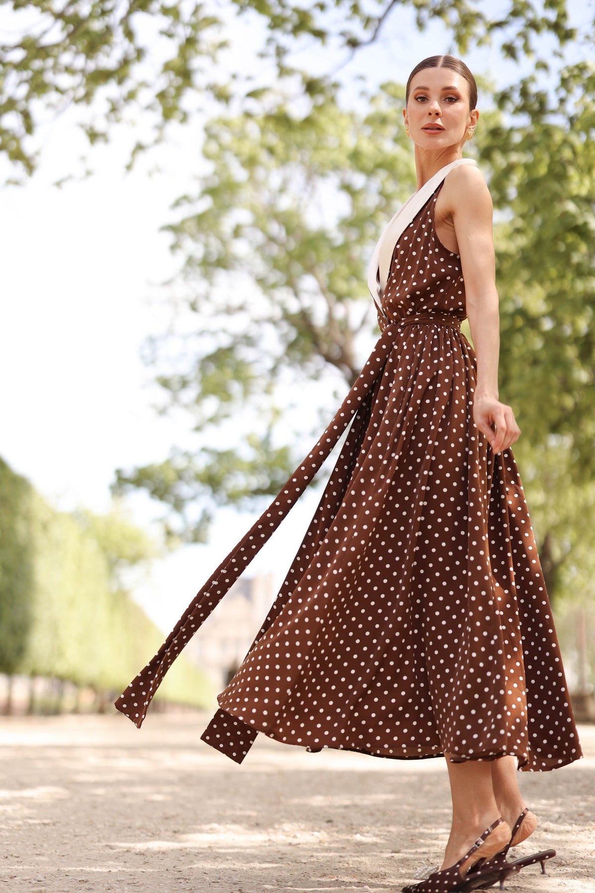 Women's Brown Polka Dot Wrap Dress – Tuxedo Style, Zipperless