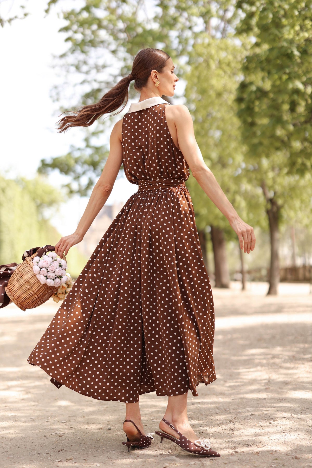 Women's Brown Polka Dot Wrap Dress – Tuxedo Style, Zipperless