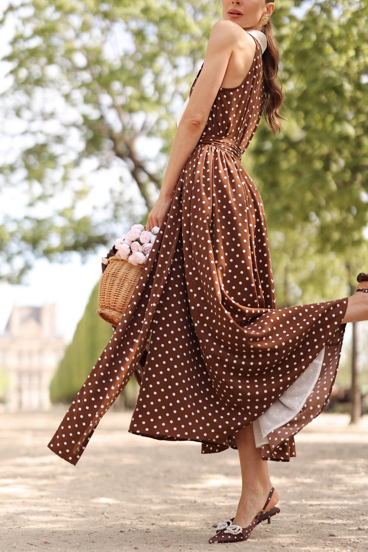Women's Brown Polka Dot Wrap Dress – Tuxedo Style, Zipperless