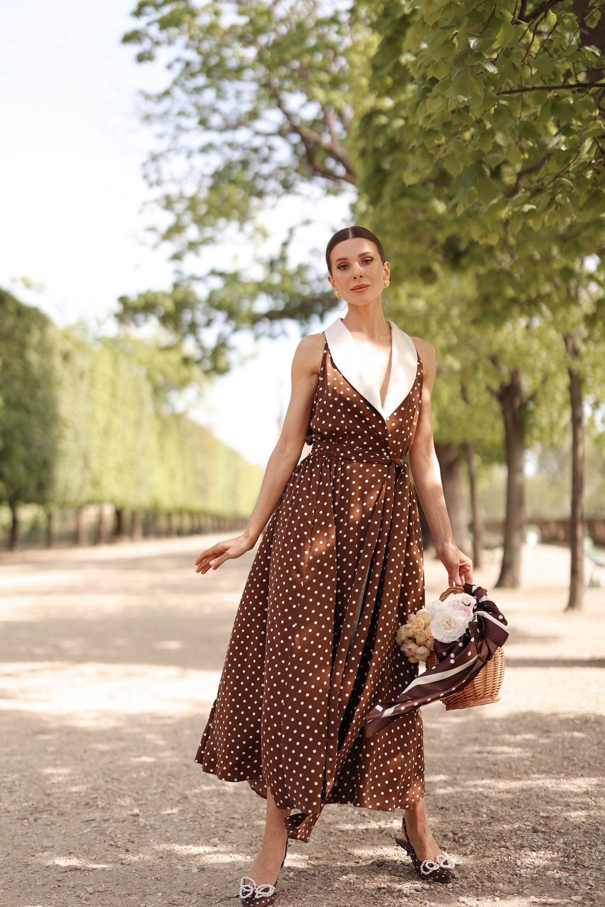 Women's Brown Polka Dot Wrap Dress – Tuxedo Style, Zipperless