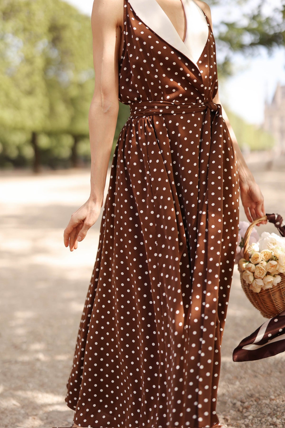 Women's Brown Polka Dot Wrap Dress – Tuxedo Style, Zipperless