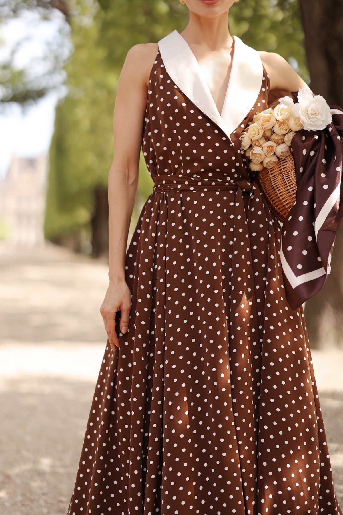 Women's Brown Polka Dot Wrap Dress – Tuxedo Style, Zipperless