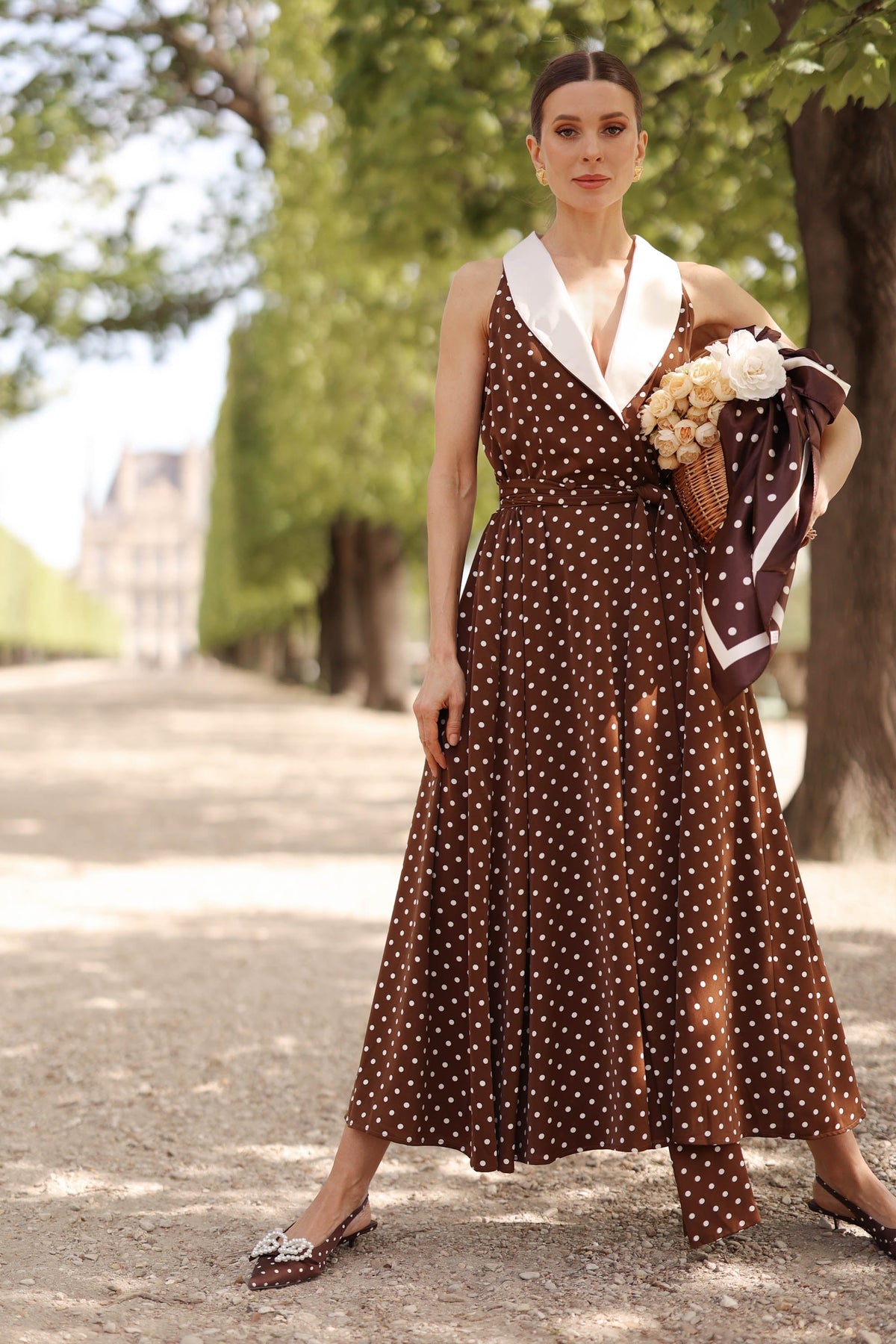 Women's Brown Polka Dot Wrap Dress – Tuxedo Style, Zipperless