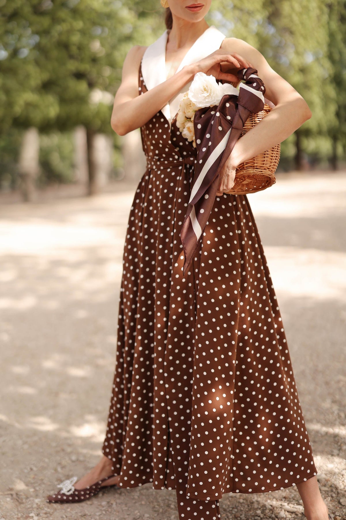 Women's Brown Polka Dot Wrap Dress – Tuxedo Style, Zipperless