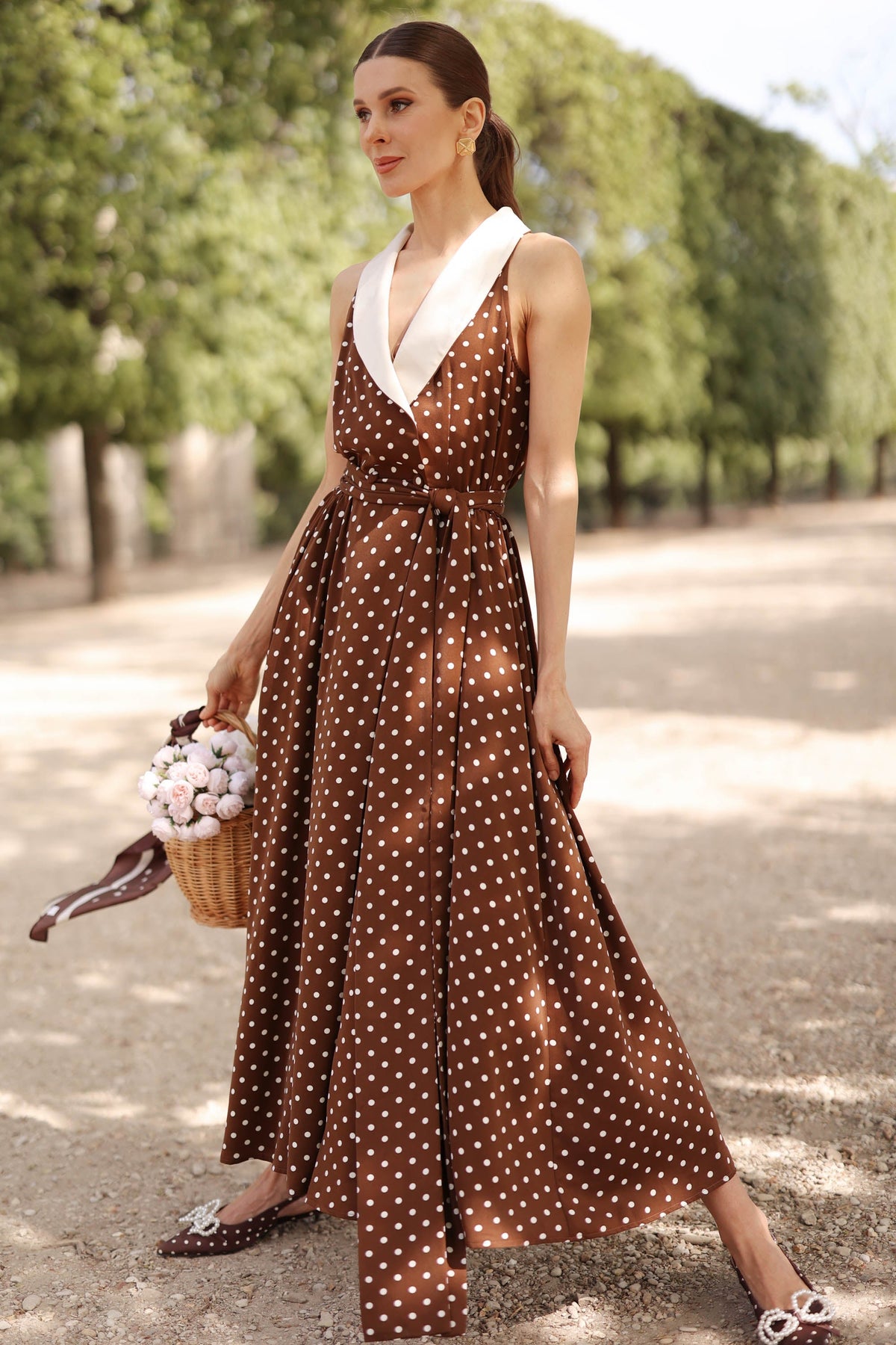 Women's Brown Polka Dot Wrap Dress – Tuxedo Style, Zipperless