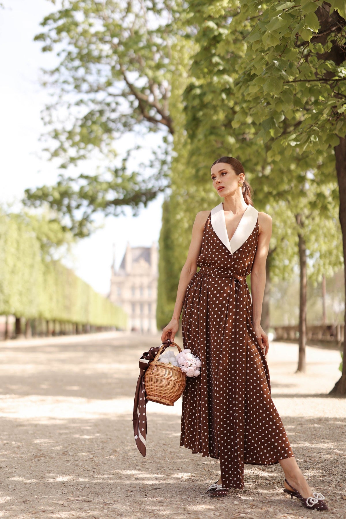 Women's Brown Polka Dot Wrap Dress – Tuxedo Style, Zipperless