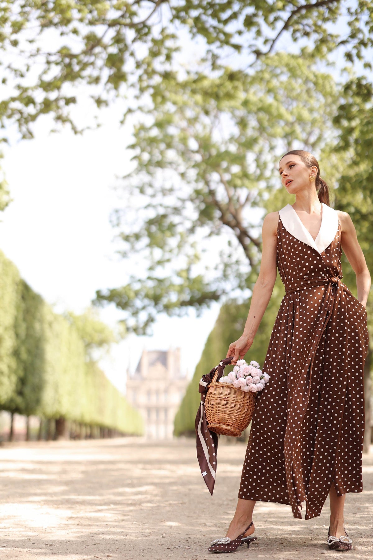 Women's Brown Polka Dot Wrap Dress – Tuxedo Style, Zipperless