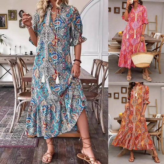 Women's Boho Paisley Dress – V-Neck Pom Pom Tie Summer Dress, 3 Colours