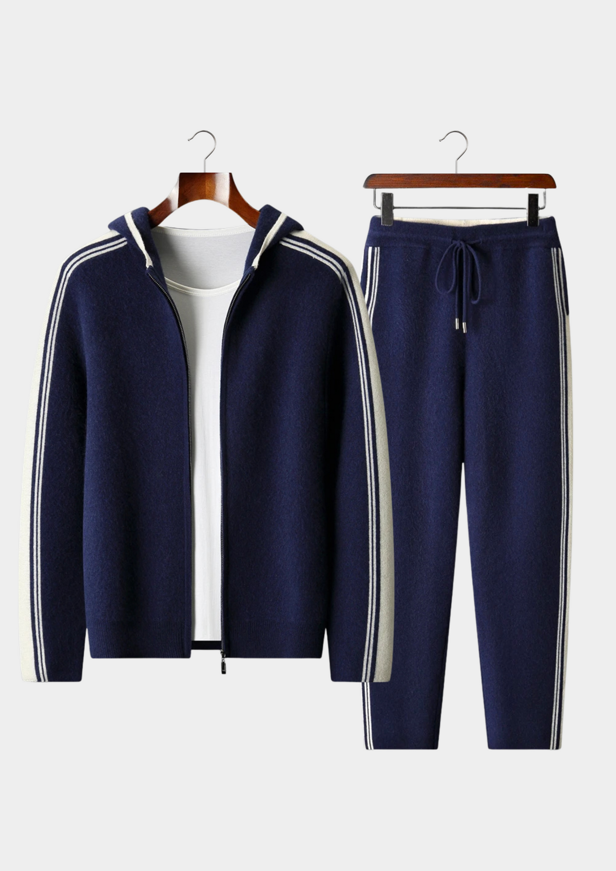 Men's Navy Knit Hooded Zip Lounge Set – Zip Jacket & Trousers, Contrast Stripe