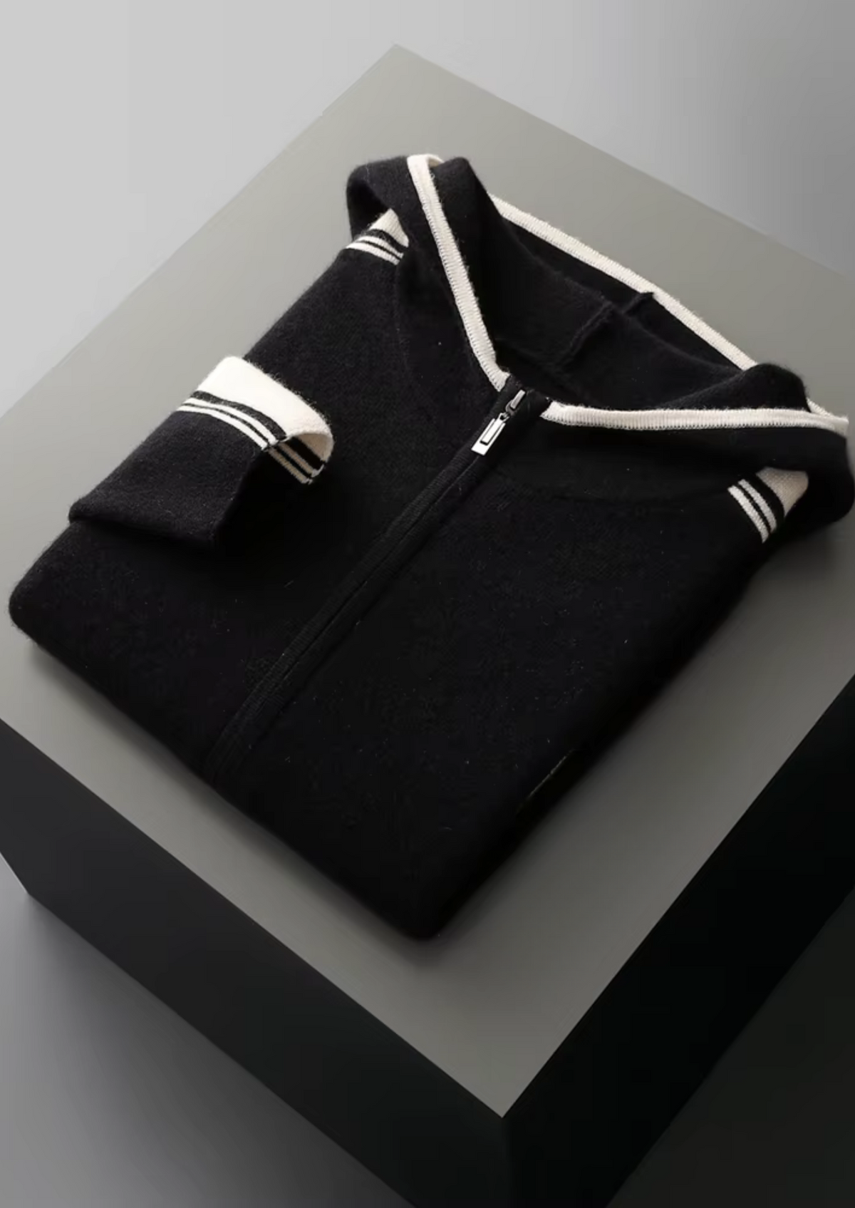 Men's Black Knit Hooded Zip Lounge Set – Zip Jacket & Trousers, Contrast Stripe
