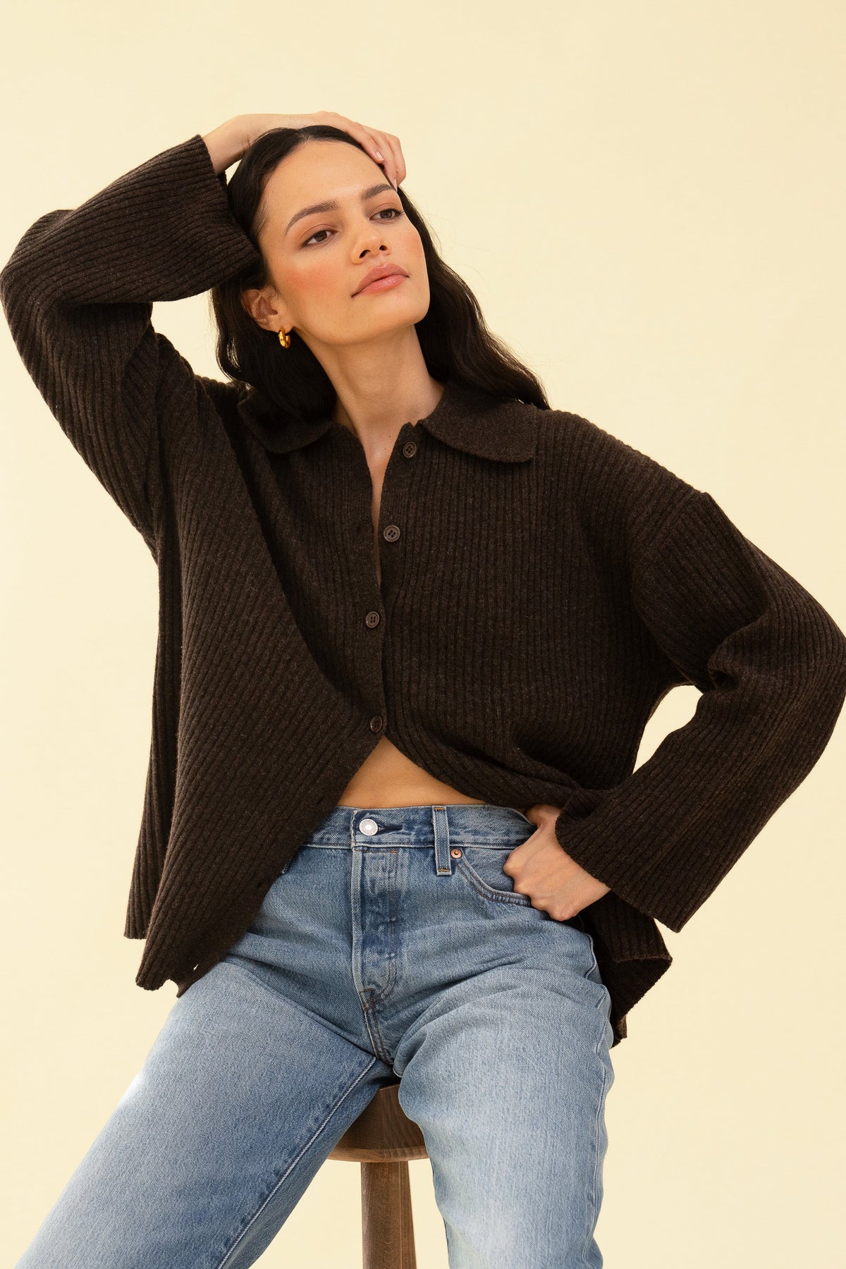 Women's Wool-Blend Cardigan – Oversized Collared Coffee Knit