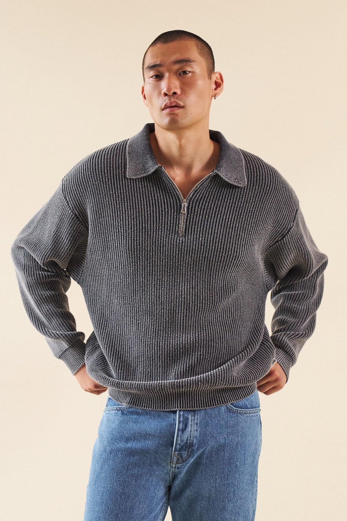 Men's Charcoal Acid Wash Half-Zip Knit Jumper – Collared Pullover