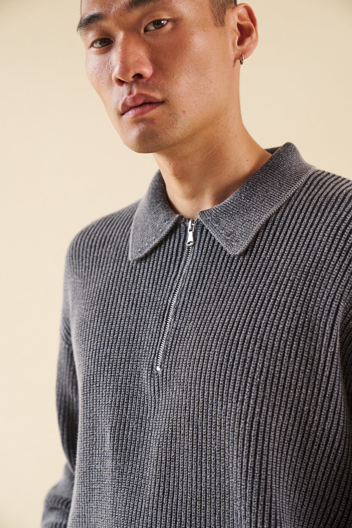 Men's Charcoal Acid Wash Half-Zip Knit Jumper – Collared Pullover