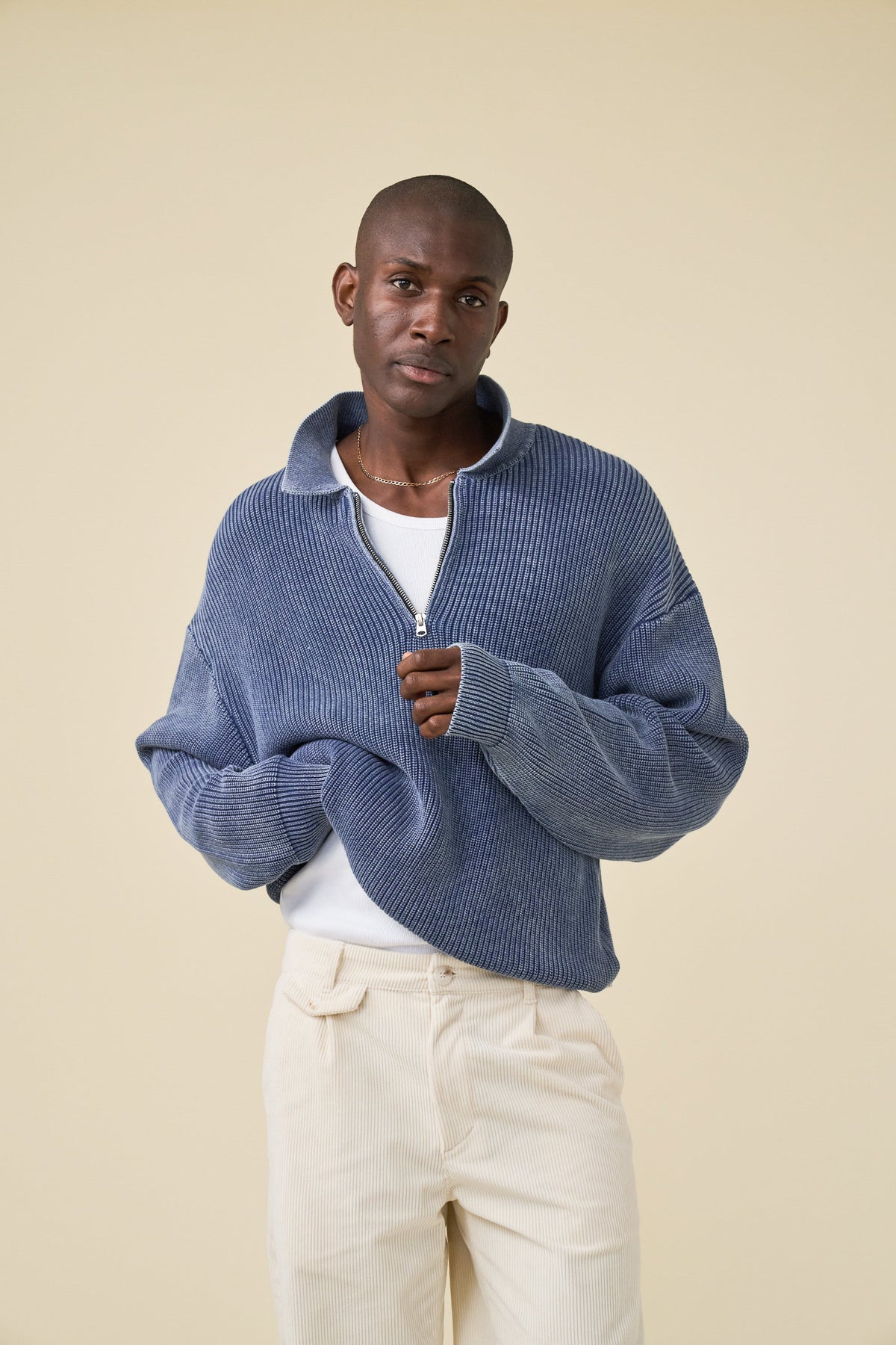 Men's Navy Acid Wash Half-Zip Knit Jumper – Collared Pullover