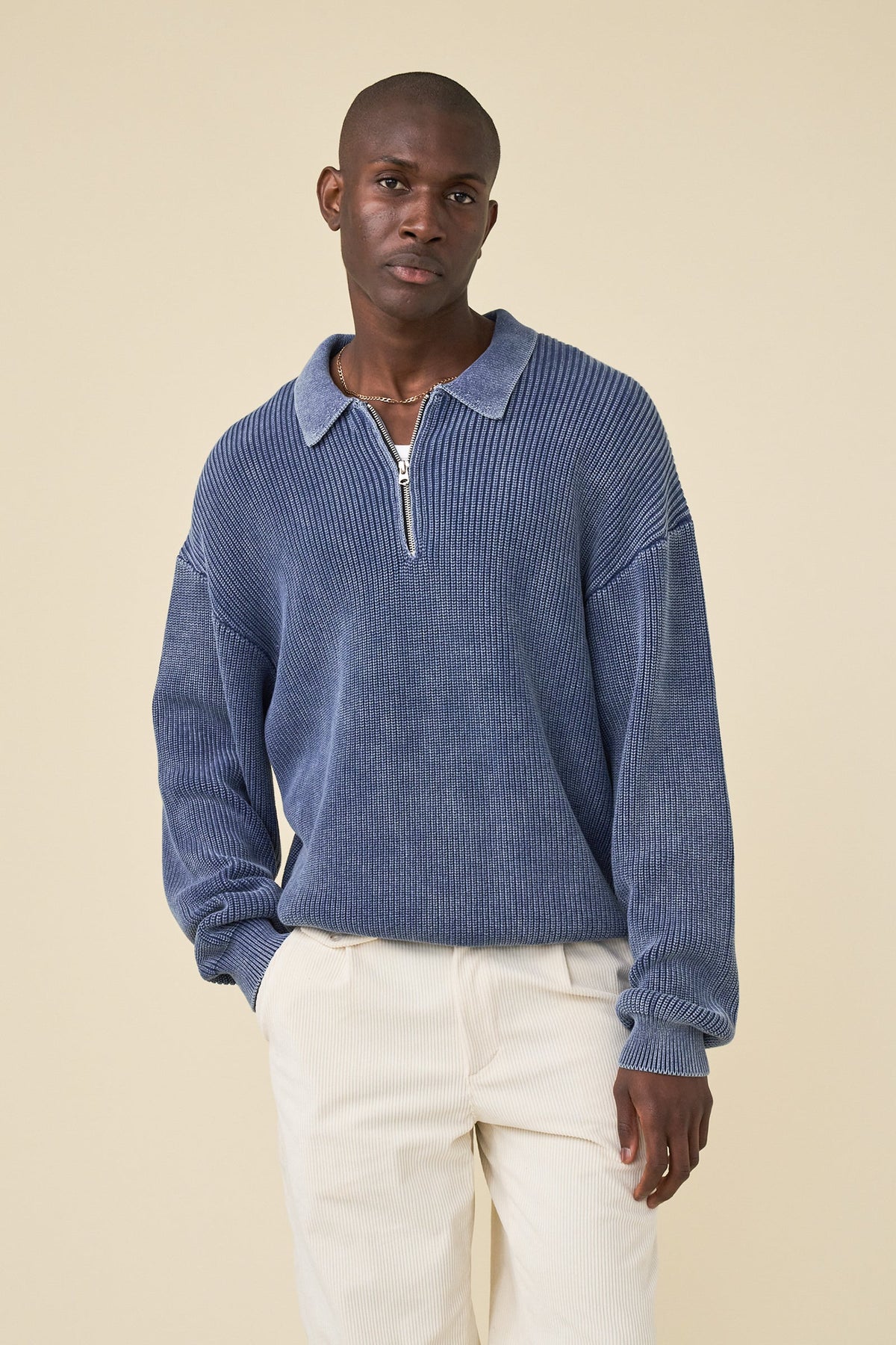 Men's Navy Acid Wash Half-Zip Knit Jumper – Collared Pullover