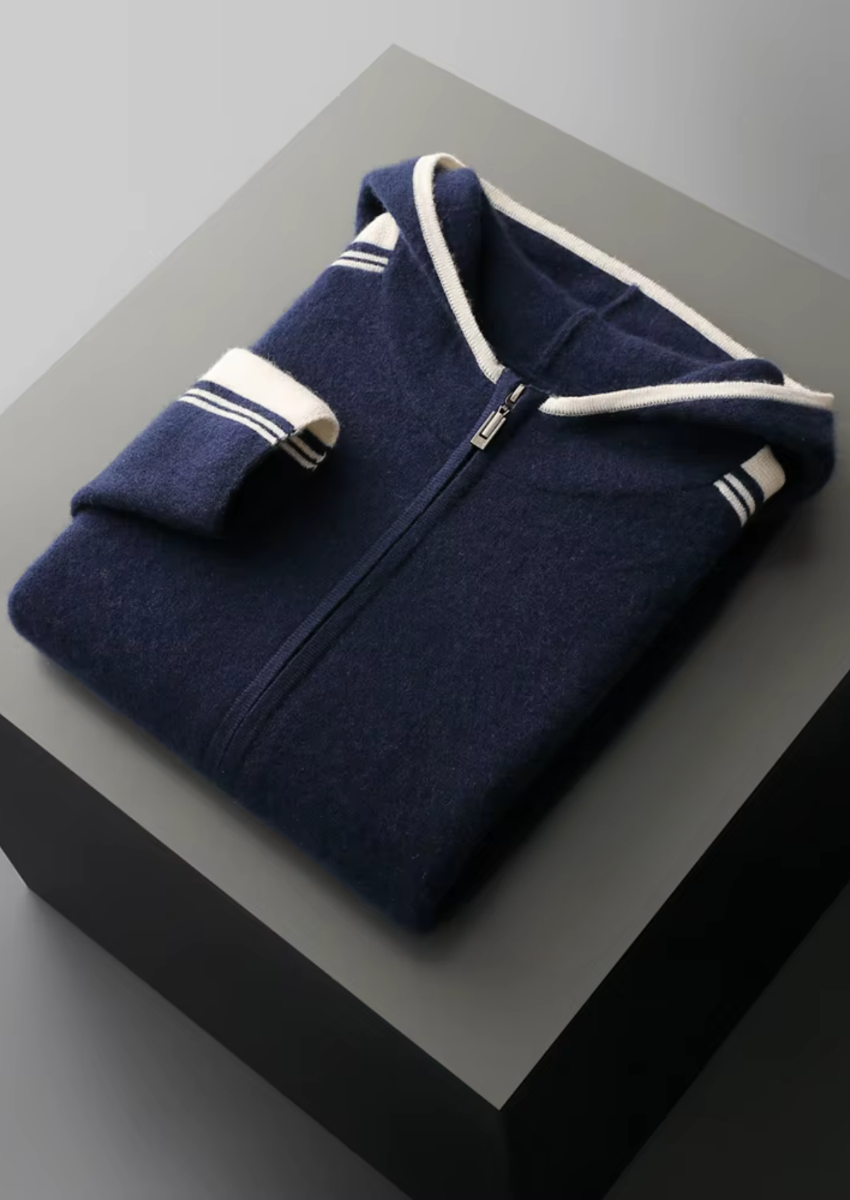 Men's Navy Knit Hooded Zip Lounge Set – Zip Jacket & Trousers, Contrast Stripe