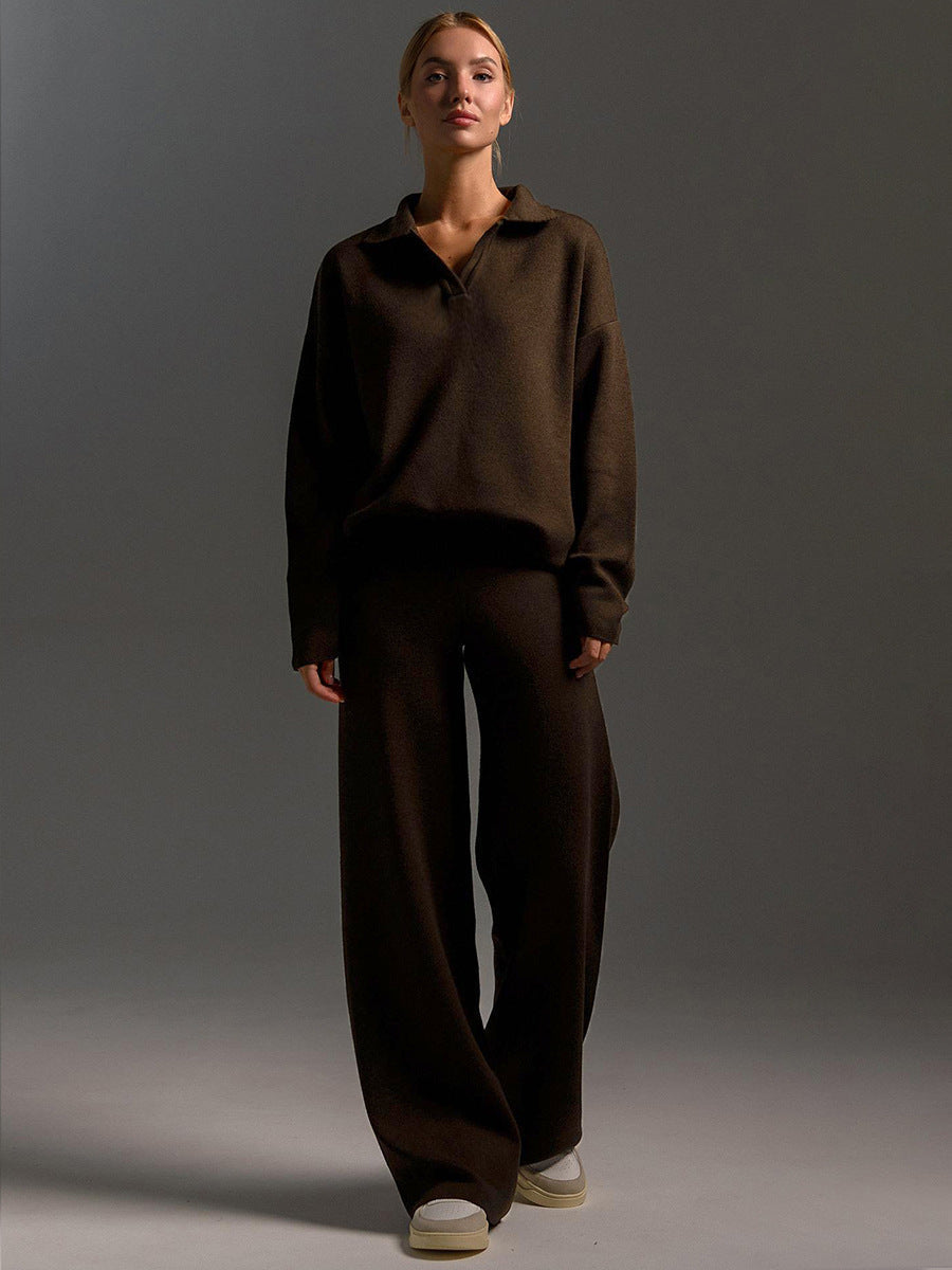 Women's Loungewear Set – Wide Leg Trousers & Polo Jumper, 5 Colours