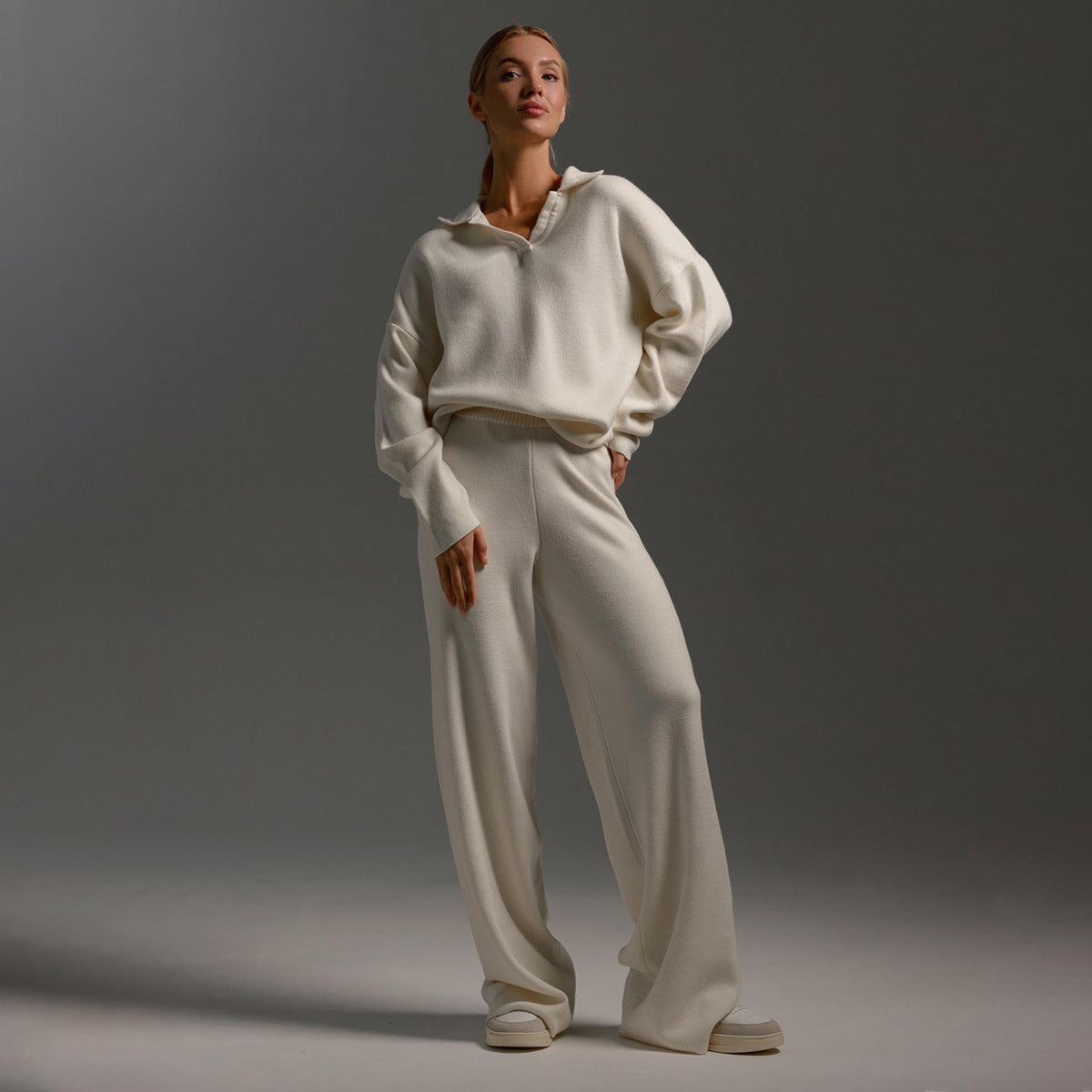 Women's Loungewear Set – Wide Leg Trousers & Polo Jumper, 5 Colours