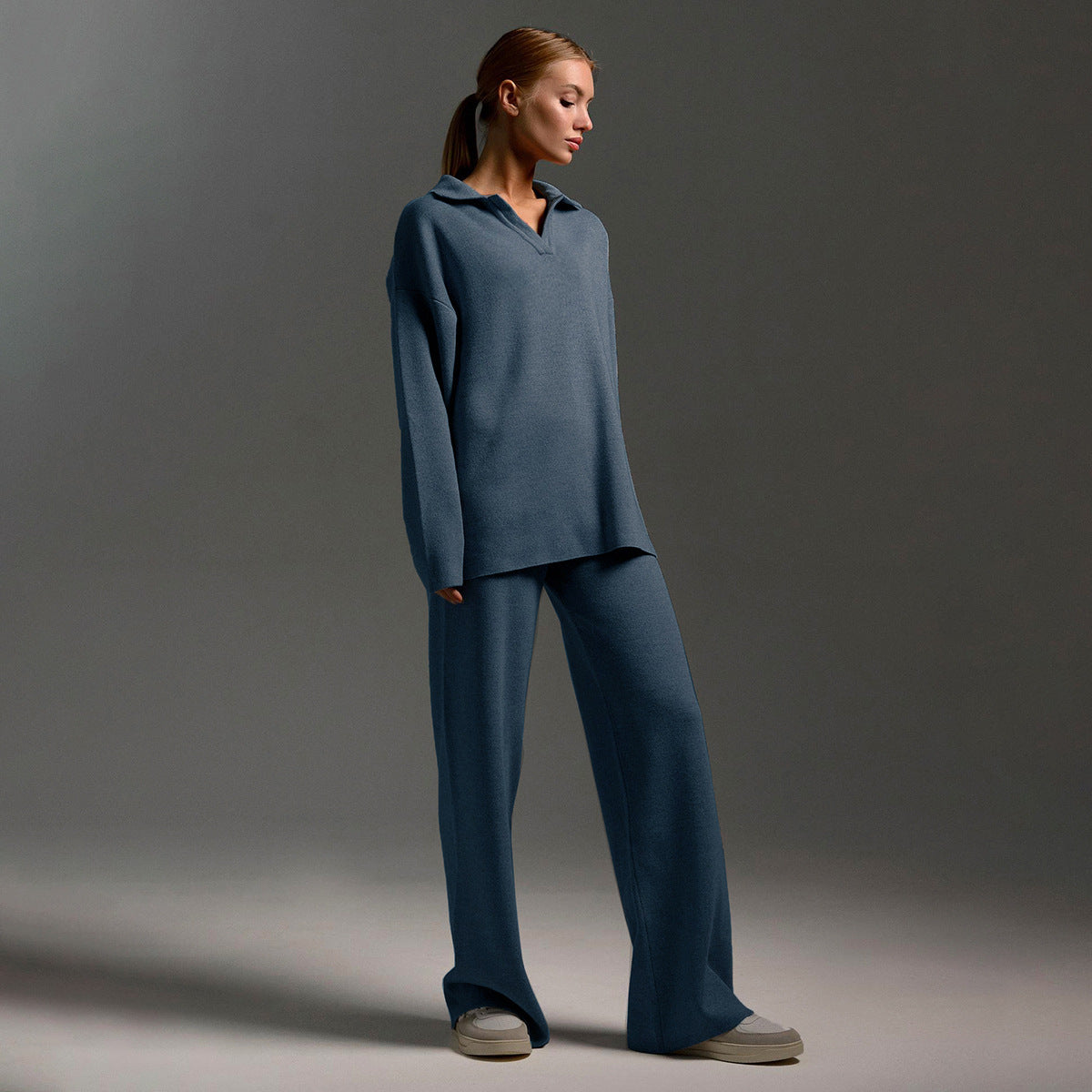 Women's Loungewear Set – Wide Leg Trousers & Polo Jumper, 5 Colours