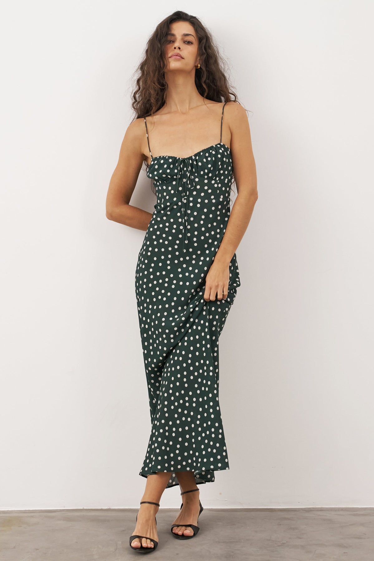 Women's Polka Dot Slip Dress – Bias-Cut Midi, Forest Green