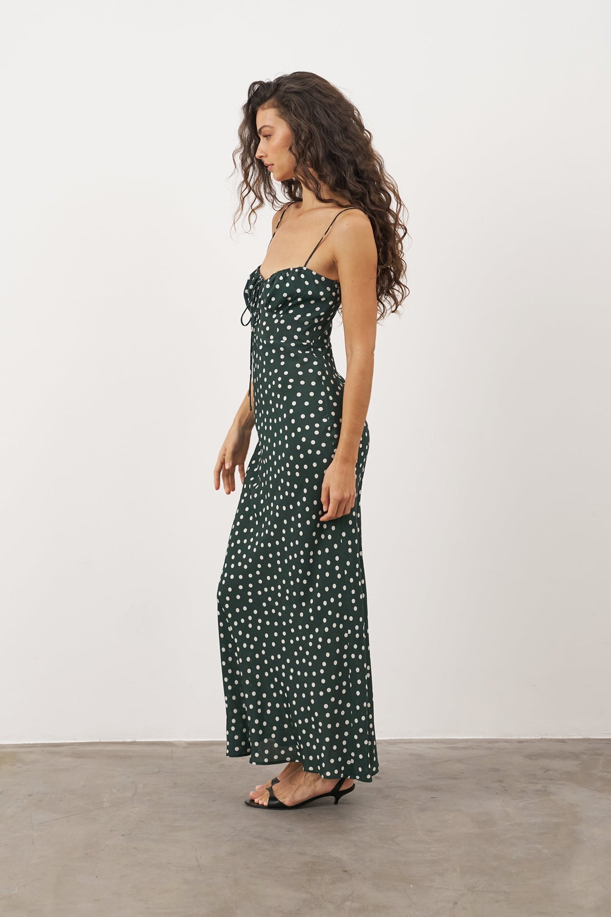 Women's Polka Dot Slip Dress – Bias-Cut Midi, Forest Green