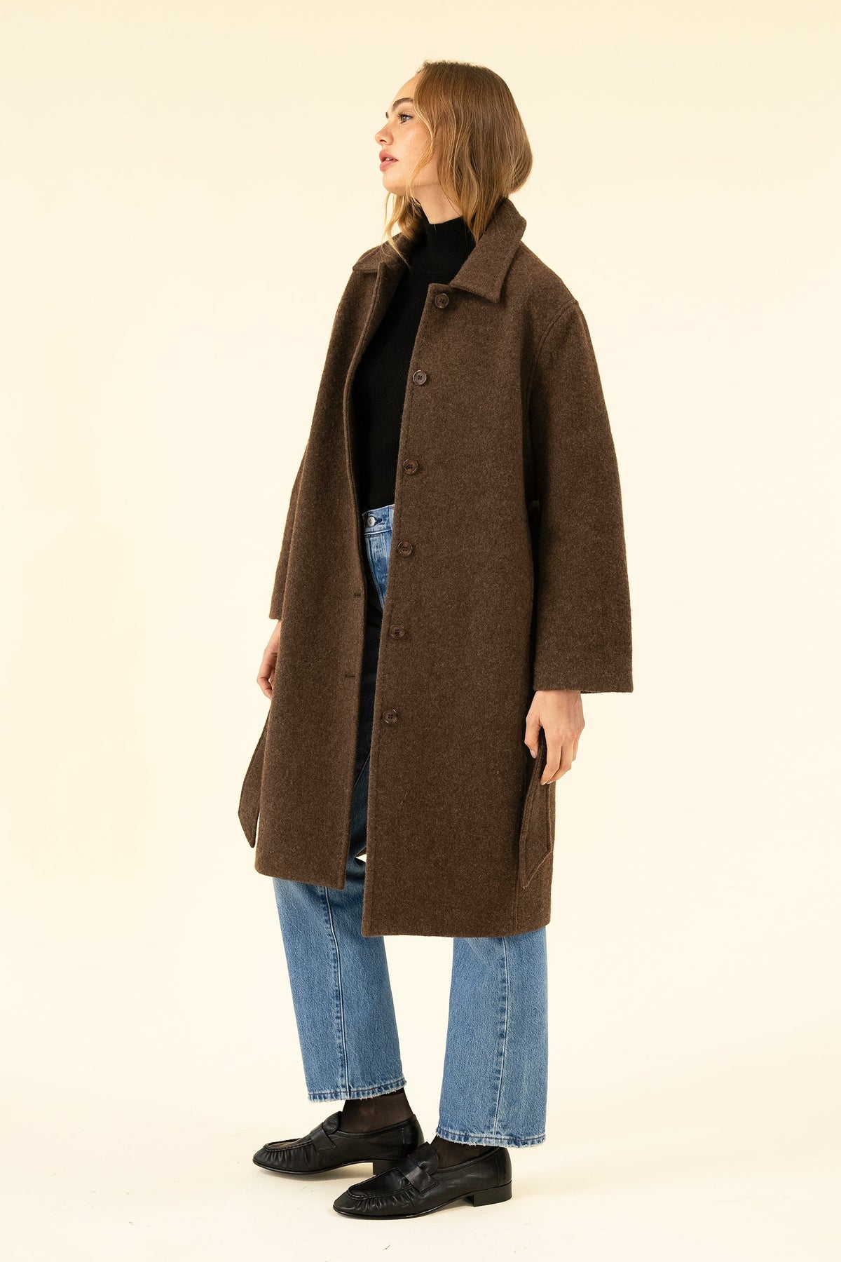 Women's Brown Bouclé Wool-Blend Coat – Belted Winter Coat