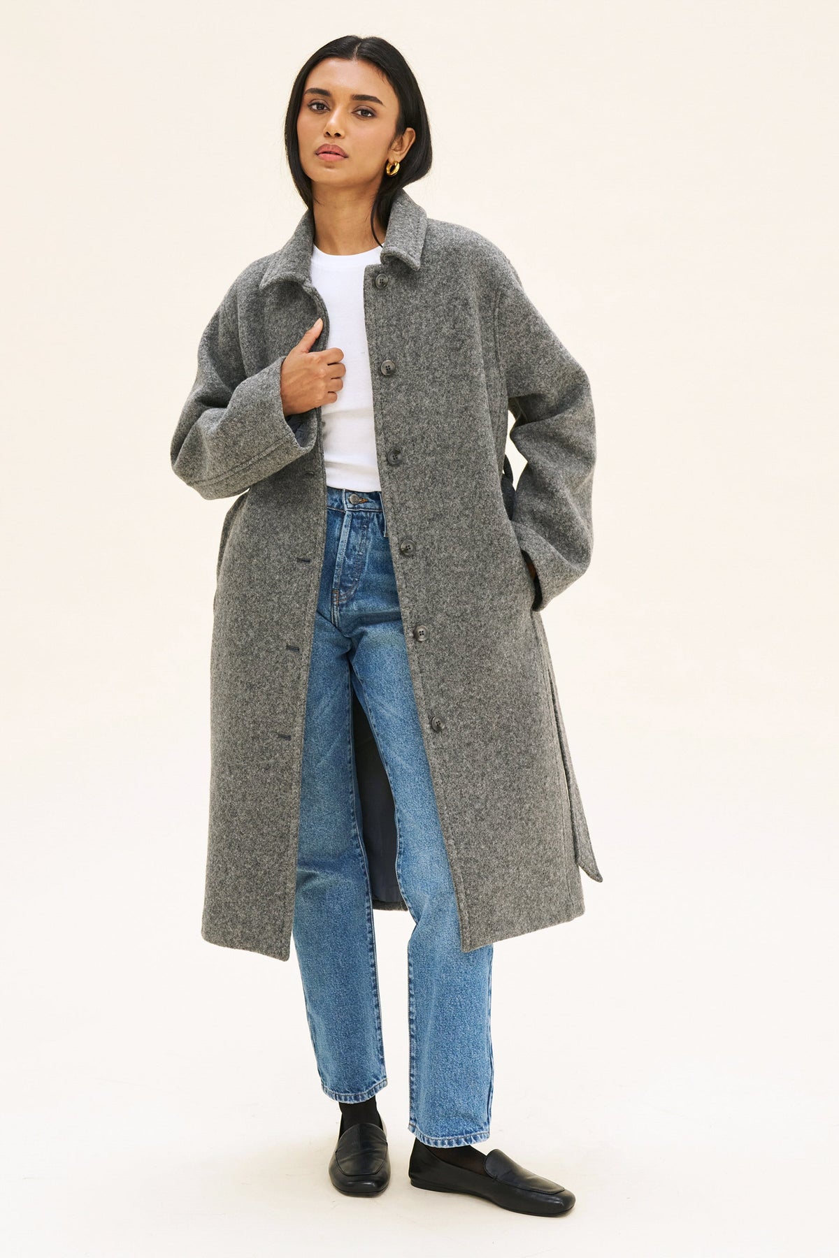 Women's Grey Bouclé Wool-Blend Coat – Belted Winter Coat