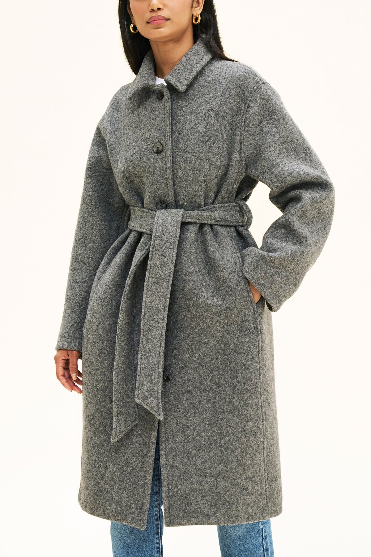 Women's Grey Bouclé Wool-Blend Coat – Belted Winter Coat