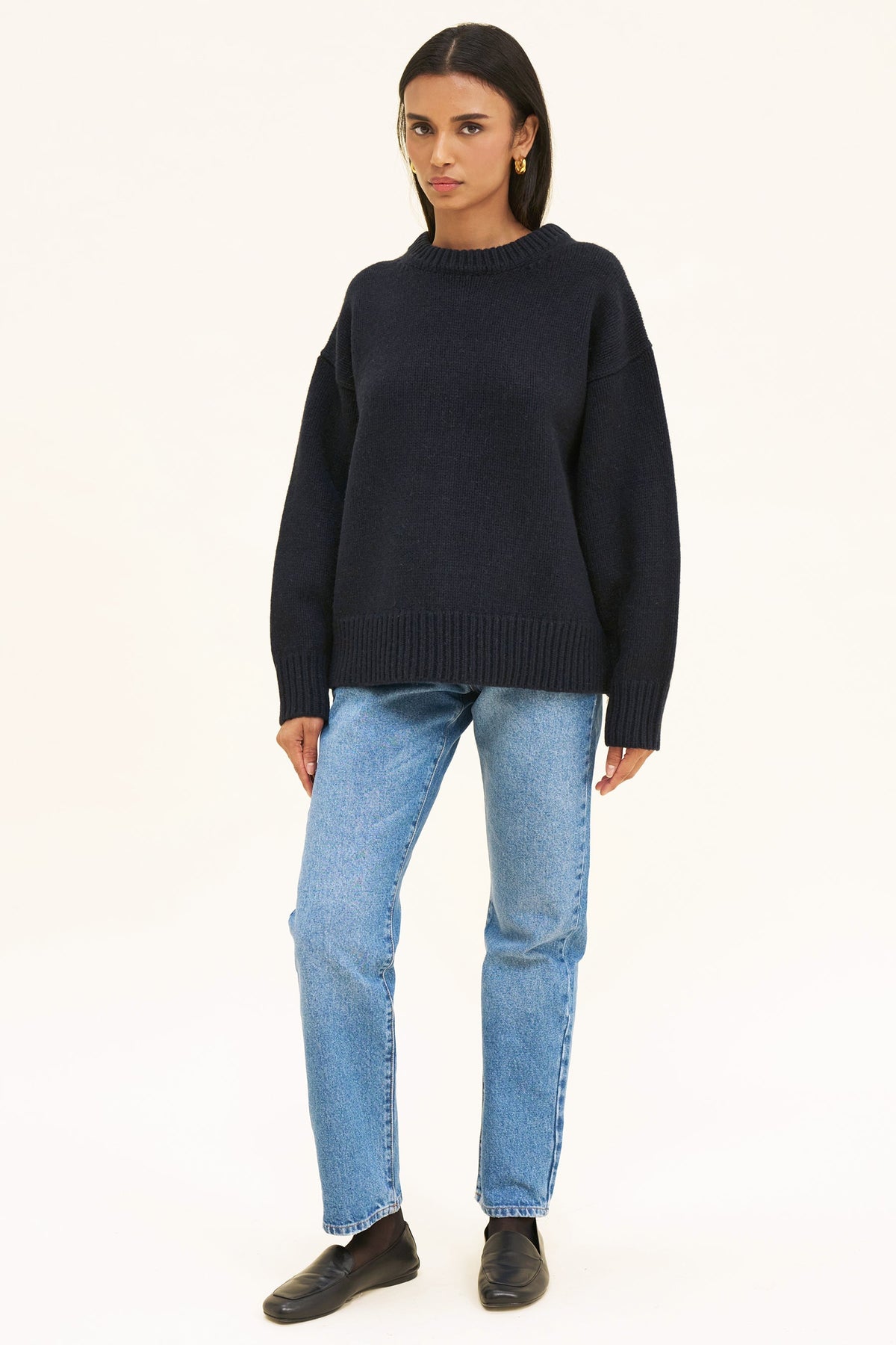 Women's Merino Wool-Blend Jumper – Oversized Boyfriend Knit, Navy