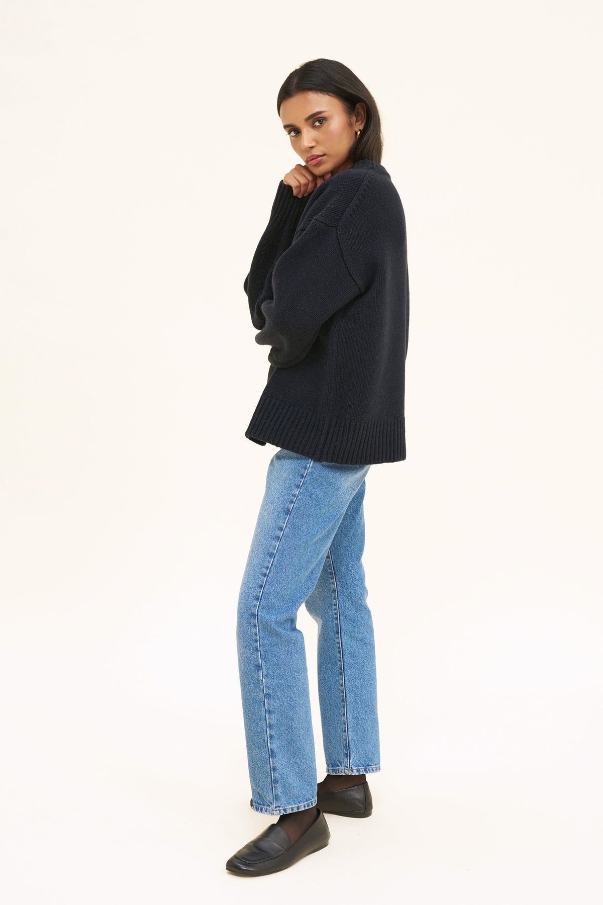 Women's Merino Wool-Blend Jumper – Oversized Boyfriend Knit, Navy