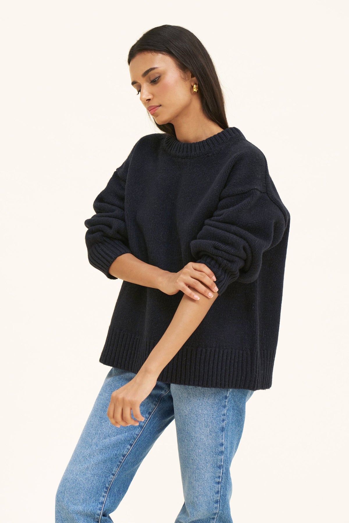 Women's Merino Wool-Blend Jumper – Oversized Boyfriend Knit, Navy