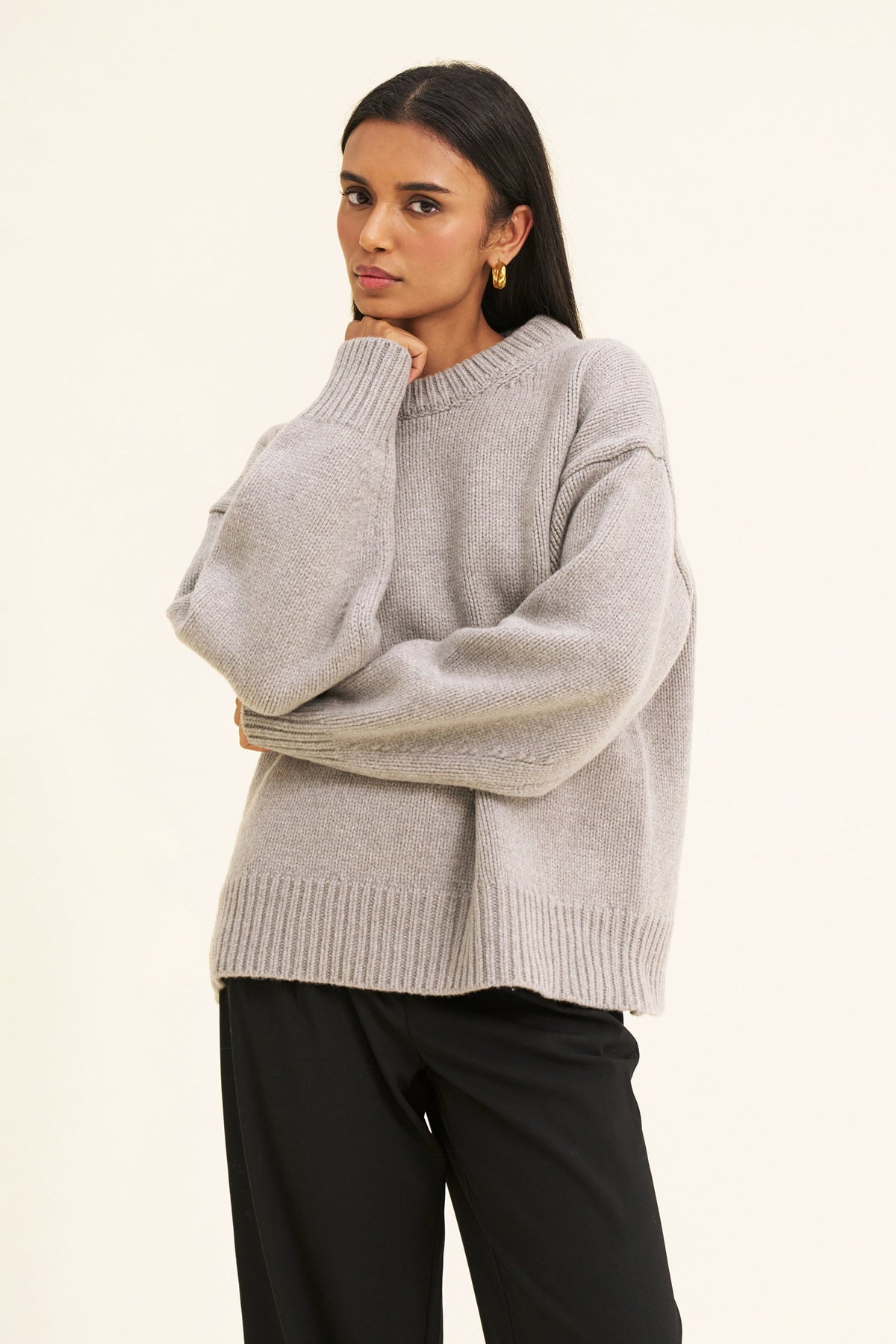 Women's Merino Wool-Blend Jumper – Oversized Boyfriend Knit, Grey