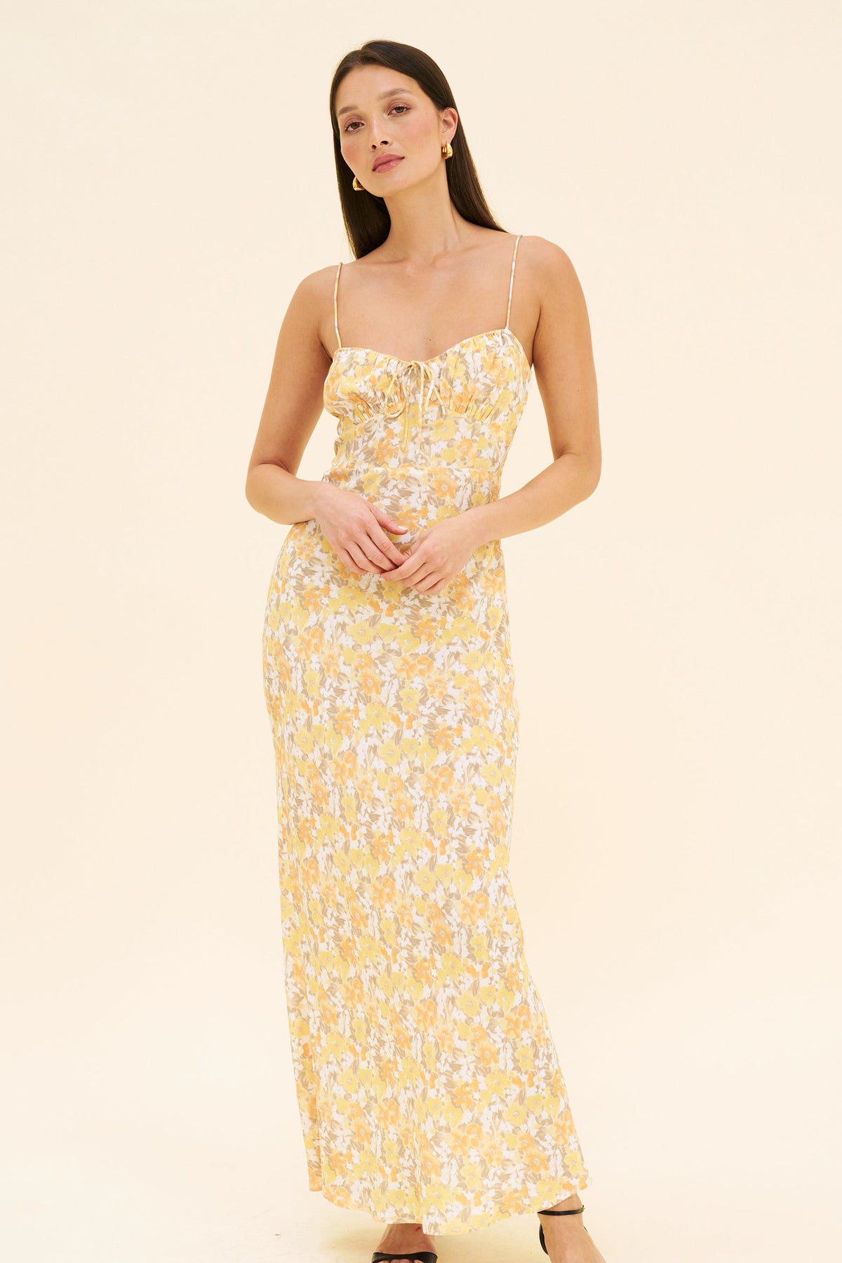 Women's Floral Slip Dress – Bias-Cut Midi, Butter Yellow Print