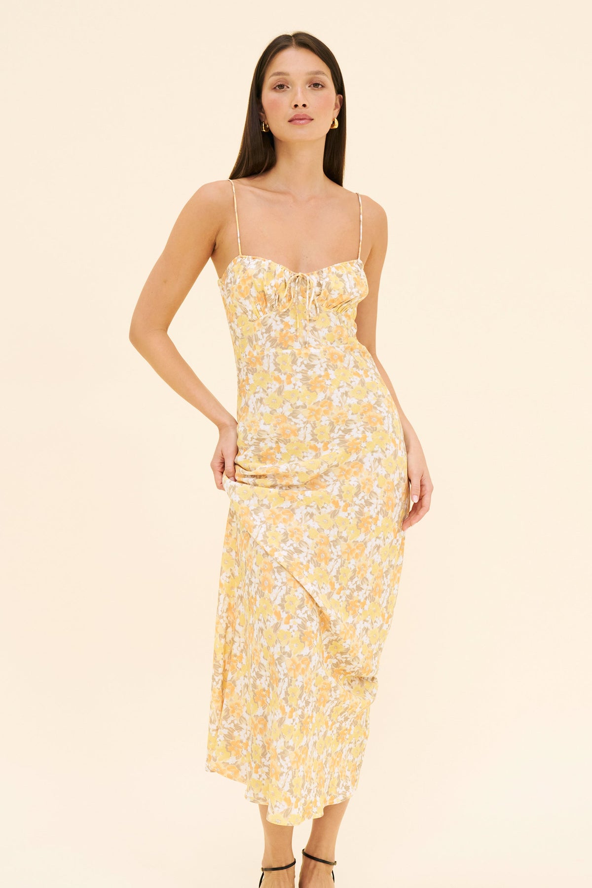 Women's Floral Slip Dress – Bias-Cut Midi, Butter Yellow Print