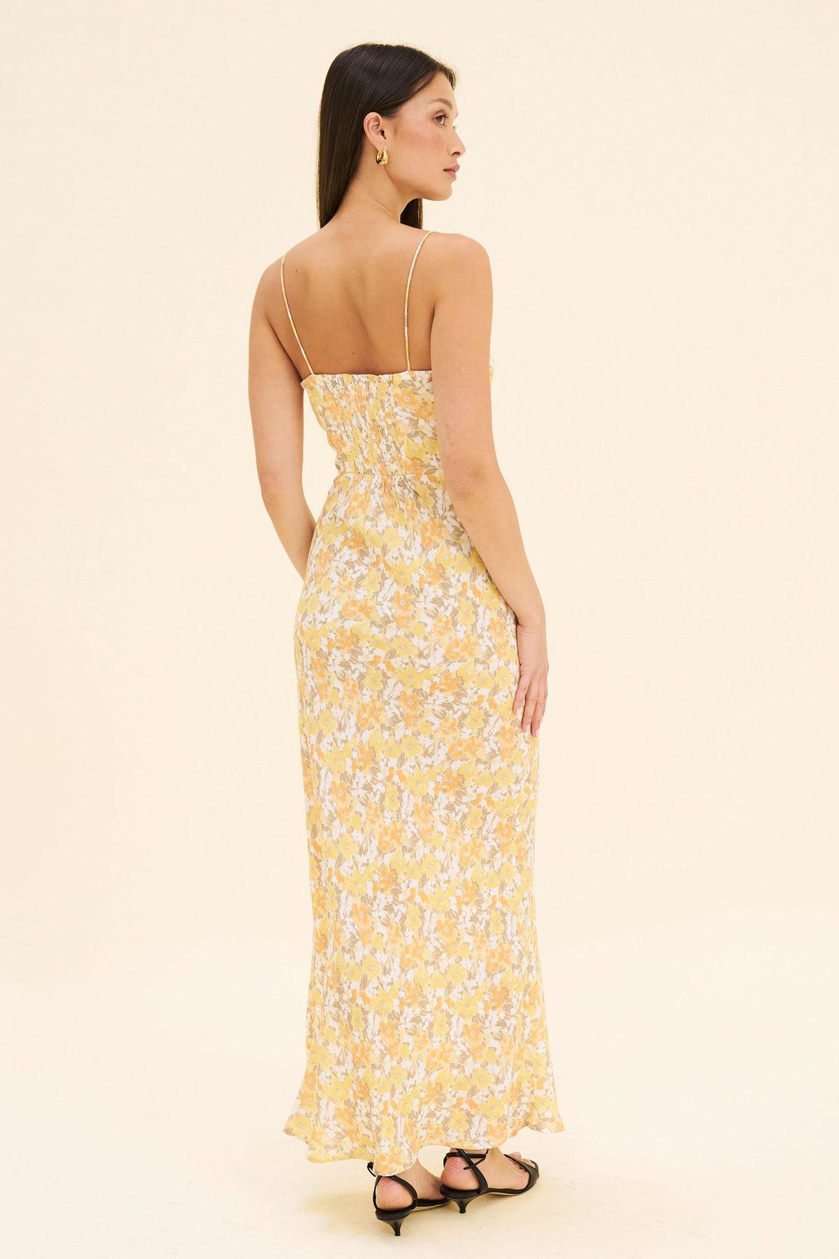 Women's Floral Slip Dress – Bias-Cut Midi, Butter Yellow Print