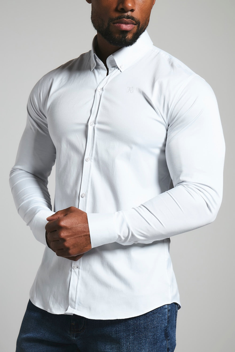 Men's White Muscle Fit Shirt – Stretch Button-Down Collar Shirt