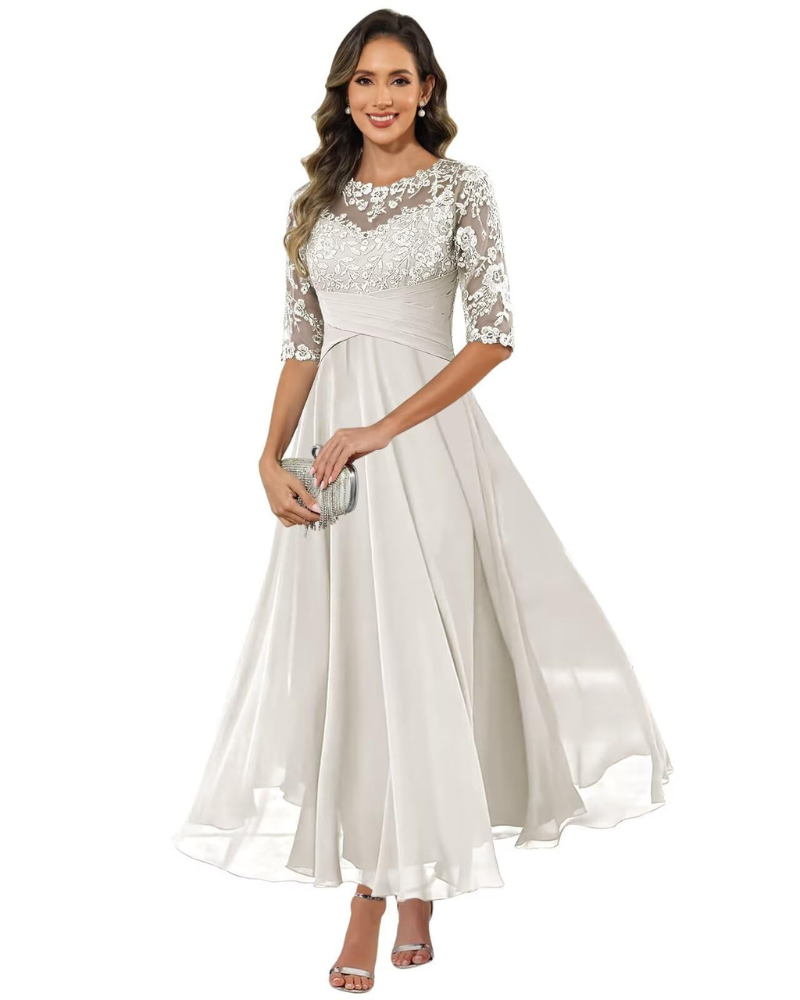 Women'S Evening Dress – Lace & Chiffon 3/4 Sleeve A-Line Dress - Elegant Fit