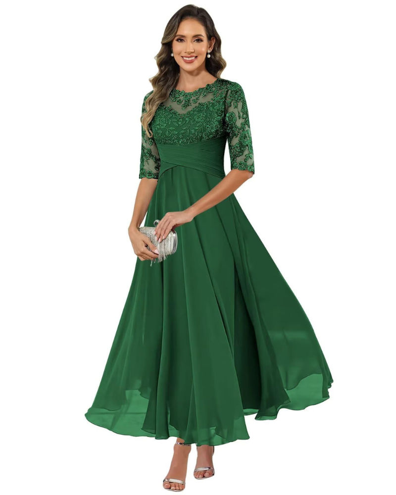 Women'S Evening Dress – Lace & Chiffon 3/4 Sleeve A-Line Dress - Elegant Fit