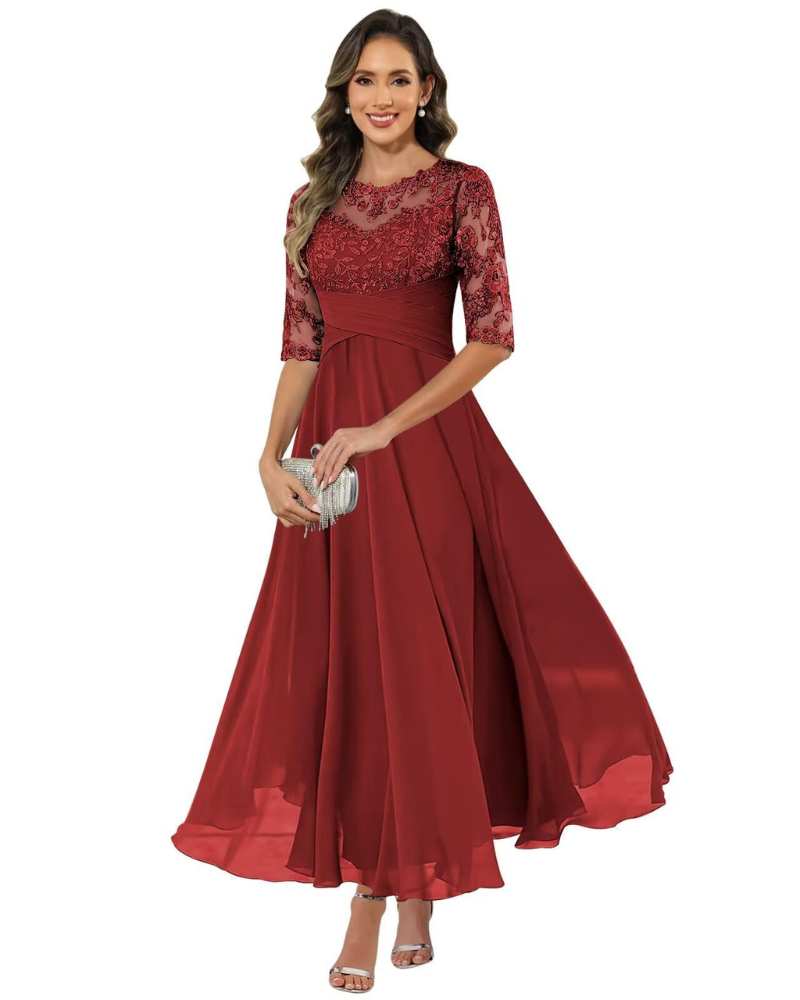 Women'S Evening Dress – Lace & Chiffon 3/4 Sleeve A-Line Dress - Elegant Fit