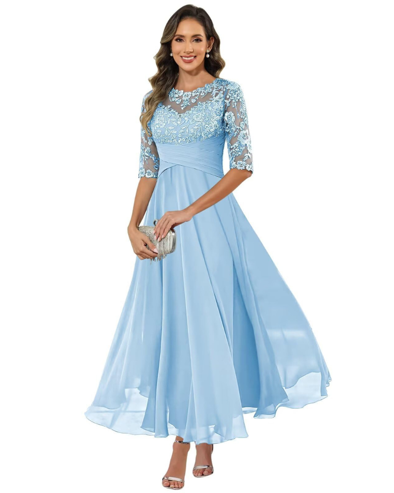 Women'S Evening Dress – Lace & Chiffon 3/4 Sleeve A-Line Dress - Elegant Fit