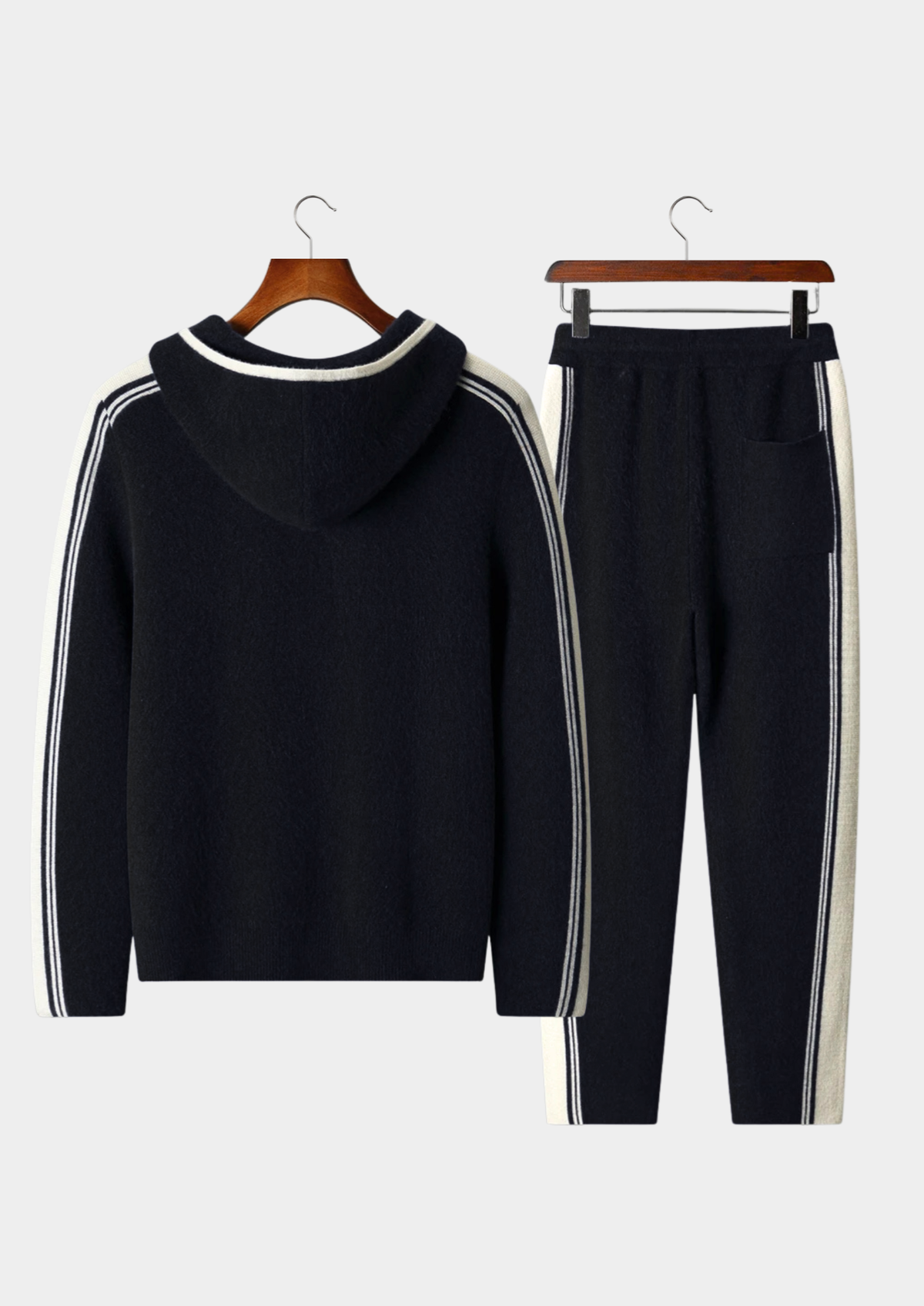 Men's Black Knit Hooded Zip Lounge Set – Zip Jacket & Trousers, Contrast Stripe