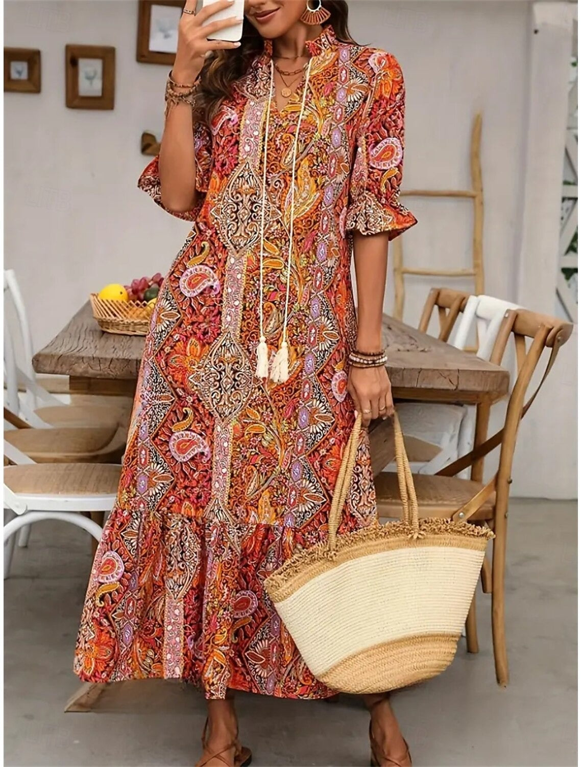 Women's Boho Paisley Dress – V-Neck Pom Pom Tie Summer Dress, 3 Colours