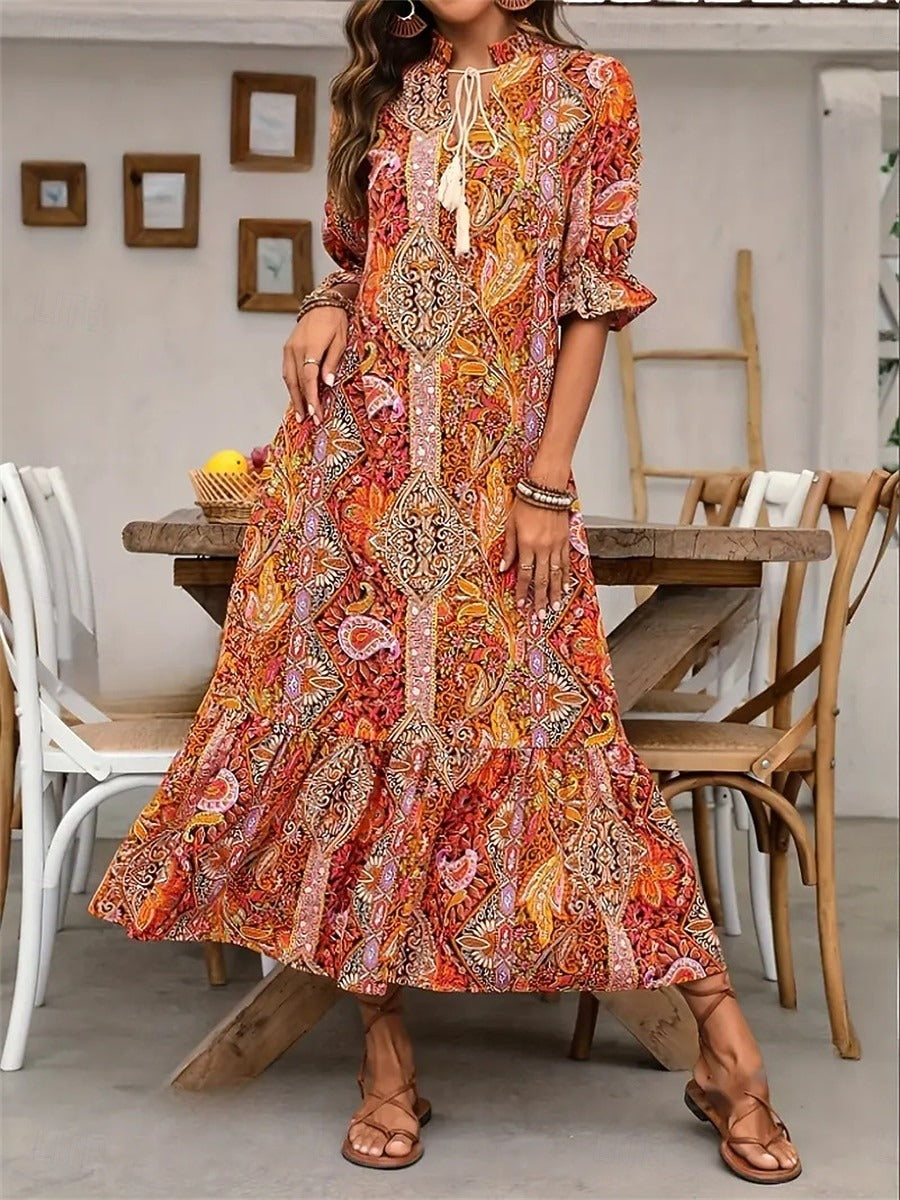 Women's Boho Paisley Dress – V-Neck Pom Pom Tie Summer Dress, 3 Colours