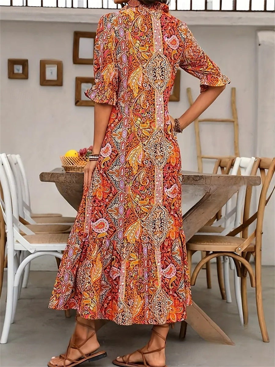 Women's Boho Paisley Dress – V-Neck Pom Pom Tie Summer Dress, 3 Colours