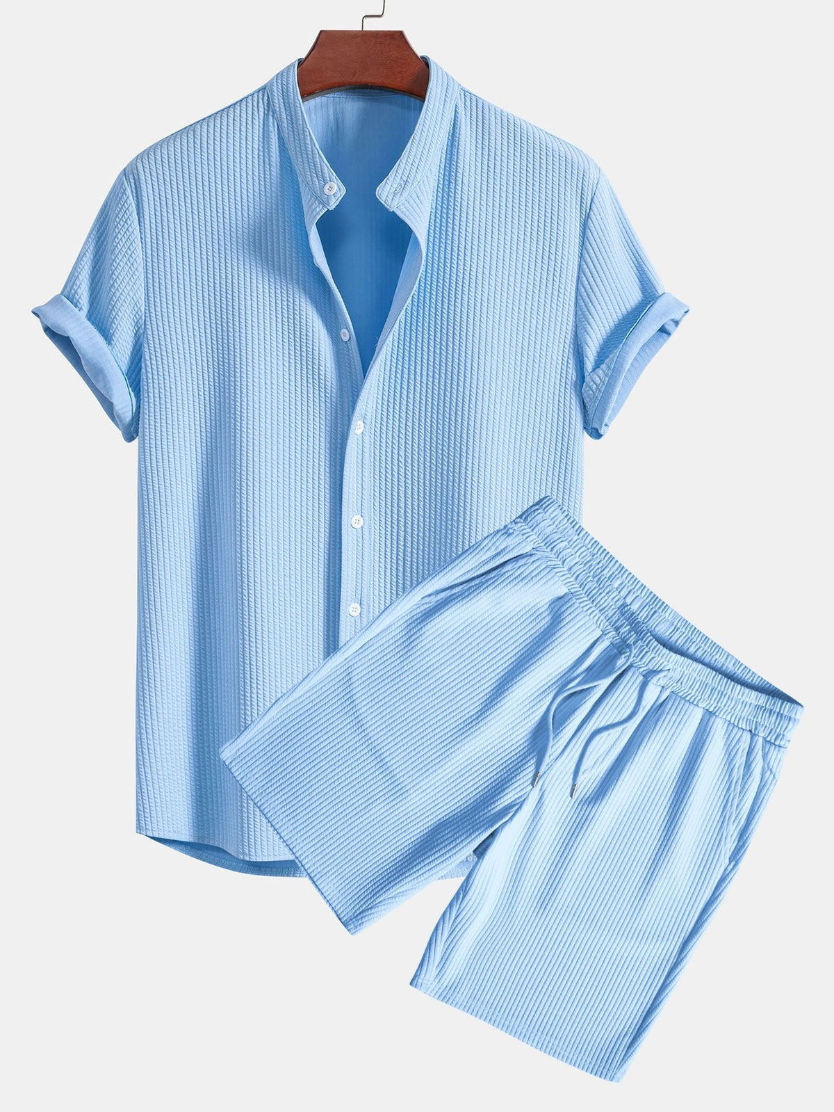 Men's Light Blue Two Piece Set – Ribbed Stand Collar Shirt & Shorts, Muscle Fit